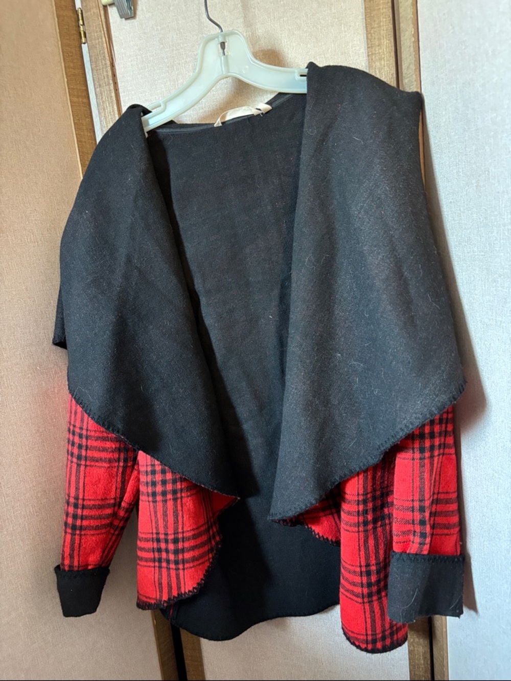 Surroundings Black Draped Jacket wiITH Plaid Sleeves & body PL